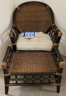 BAMBOO AND WICKER ARMCHAIR AND OTTOMAN