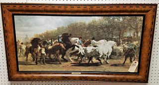 FRAMED PRINT ON CANVAS "THE HORSE FAIR" BY ROSA BONHEUR 17" X 36" IN AN INLAID FRAME
