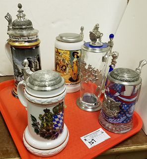 TRAY 5 STEINS KUHR BY D. GREIF 12", OCTOBERFEST 9" GERMAN 8", BRITISH GLASS & PEWTER 10 1/2" + USA 7 1/4"