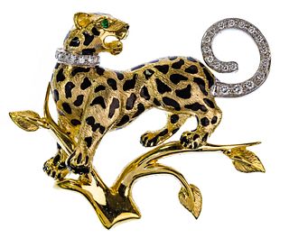 18k Yellow Gold, Emerald and Diamond Cheetah Brooch