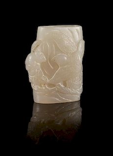 A Small White Jade Vessel Length 1 3/4 inches.