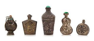 Five Silver Snuff Bottles Height of tallest 2 1/2 inches.