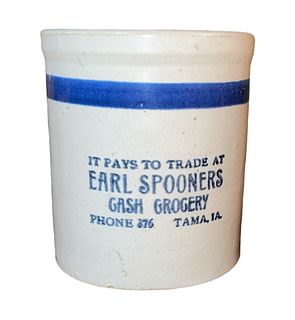 EARL SPOONERS Cash Grocery Vintage Stoneware Beater Jar Crock 
