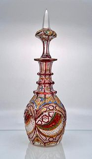 Moser or Bohemian Cut and Enameled Glass Decanter