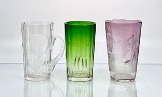 Three Bohemian Engraved Glass Spa Measures, mid 19thc.