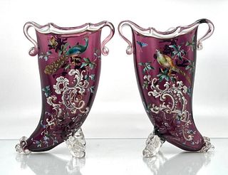 Pair of Moser Enameled Glass Cornucopia Vases