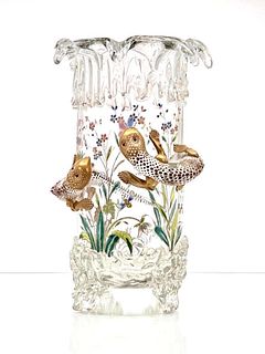 Moser Enameled Glass Vase with Applied Salamanders