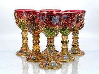 Six Moser Enameled Glass Wines with Applied Decoration