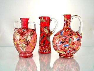 Three Moser Ruby Glass Enameled Pieces