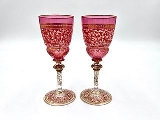 A Pair of Lobmeyr Enameled Glass Wine Stems