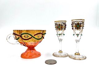 Moser or Bohemian Jeweled Tea Cup and Two Jeweled Cordials