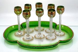 Eight Moser Tall Stem Cordials and Tray