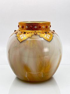 Moser Style Uranium Agate Vase with Enamel