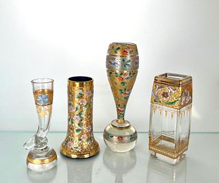 Four Moser Type Enameled Glass Vases