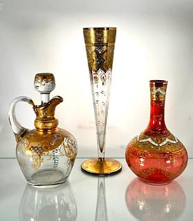 Moser Gilded Enamel Decanter and Two Vases