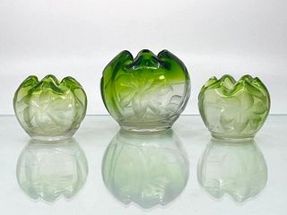 Three Moser Engraved Glass Rose Bowls