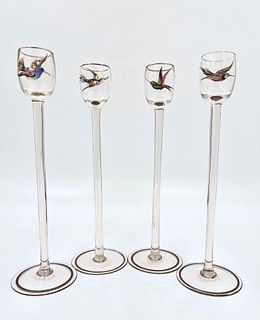 Four Moser Tall Stem Cordials with Hummingbird Decoration
