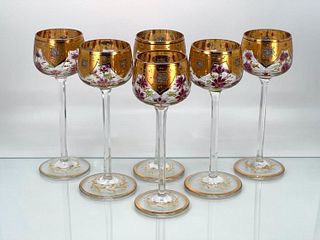 Six Moser or Style Enameled Glass Wines