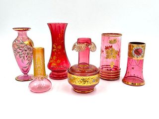 Six Czechoslovakian Cranberry Enameled Vases