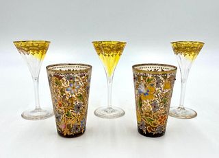 Two Bohemian Enameled Tumblers and Three Cordials