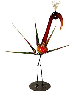 Large Art Glass and Metal Bird Sculpture