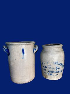 Two Vintage Stoneware and Cobalt Blue Glaze Merchant Crocks