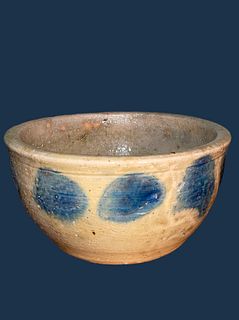 1800's Salt Glaze Cobalt Large Spot Crock Bowl