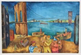 Joseph Wolins (American, 1915-1999) "River Scene (Brooklyn Bridge)", 1935
