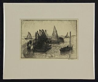 Richard Hayley Lever (American, 1876-1958) "Sailboats on Promenade"