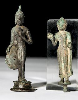 2 Antique Bronze Standing Buddha Statues, Thailand