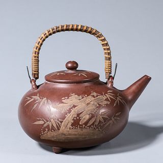 A painted zisha ceramic loop-handled pot