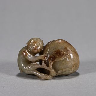 A jade monkey and elephant peach ornament 