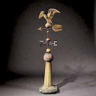 Gilt Molded Copper Eagle Weathervane with Directionals on Original Sheet   Copper Stand