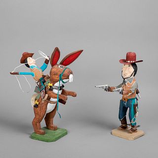 Delbert Buck, Pair of Folk Art Sculptures: Navajo Cowboy Rabbit Rider + Navajo Sharpshooter