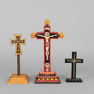 Group of Three Crucifixes: Cristo Crucificado, 1993 + Straw Applique Cross, 1999 + Straw Applique Cross