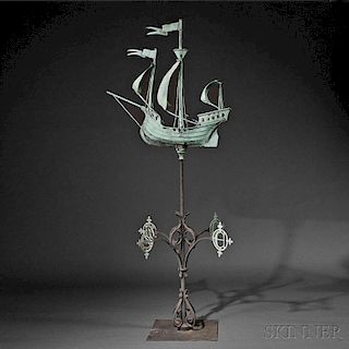 Molded and Sheet Copper and Wrought Iron Galleon Weathervane and Directionals