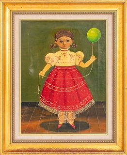 A. Labios, Girl With Green Balloon, Oil on Canvas