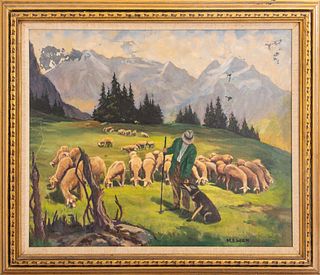 M.E. Wein, Alpine Landscape W/ Sheep, Oil & Canvas