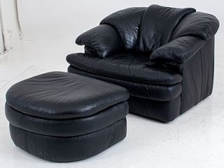 Large Black Vinyl Upholstered Armchair and Ottoman