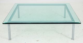 Modernist Glass and Gray-Coated Metal Low Table