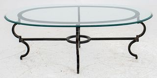 Oval Wrought Iron and Glass Low Table