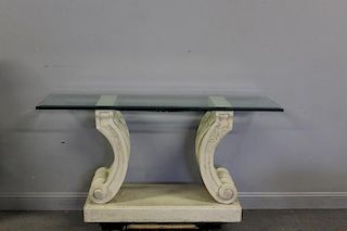 Neoclassical Style Travertine & Glass Top Console.