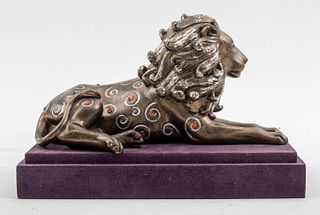 Patinated and Gem-Set Resin Sculpture of a Lion