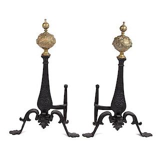 A Pair of French Iron and Gilt Bronze Chenets Height 27 1/2 inches.