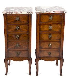 A Pair of Louis XV/XVI Style Transitional Marble-Top Side Cabinets Height 34 x width 14 x depth 12 inches.