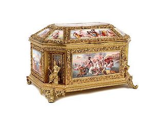 A Continental Gilt Metal and Painted Enamel Hexagonal Casket Height 8 3/4 x width 13 1/4 x 10 inches.