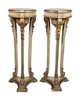 A Pair of Neoclassical Style Painted and Parcel Gilt Pedestals Height 44 1/4 inches.