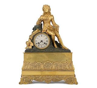 A French Empire Gilt, Patinated Bronze Figural Mantel Clock Height 18 x width 13 x depth 4 1/2 inches.