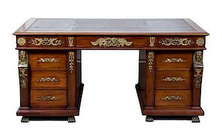 An Empire Style Gilt Bronze Mounted Mahogany Pedestal Desk Height 30 3/4 x width 62 1/2 x depth 34 3/4 inches.