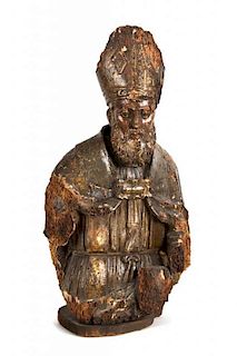An Early Continental Ecclesiastic Carved Wood Bust of a Bishop Height 25 inches.